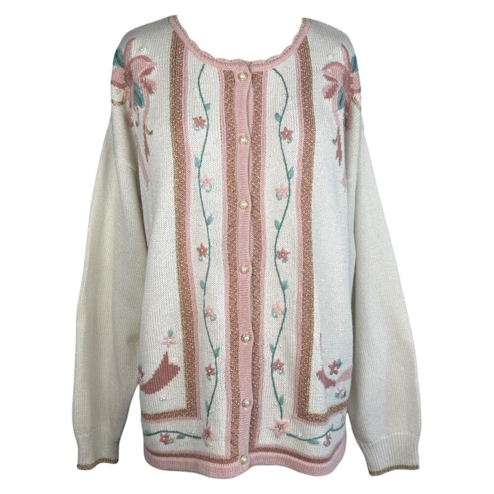 Vintage Romantic Lucia pastel floral embellished knit cottage core cardigan M–L